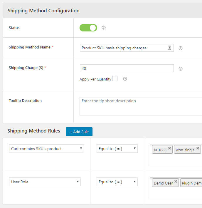 Adding shipping charges as per Product SKU for a specific user role