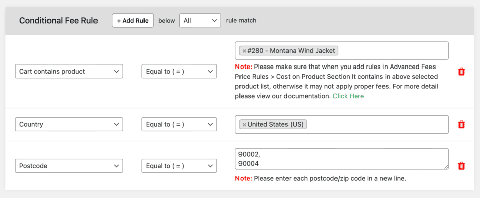 Extra fees rule with multiple conditions
