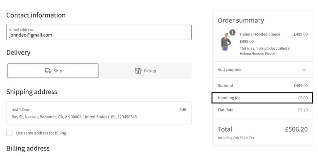 WooCommerce cart totals with a custom handling fee line