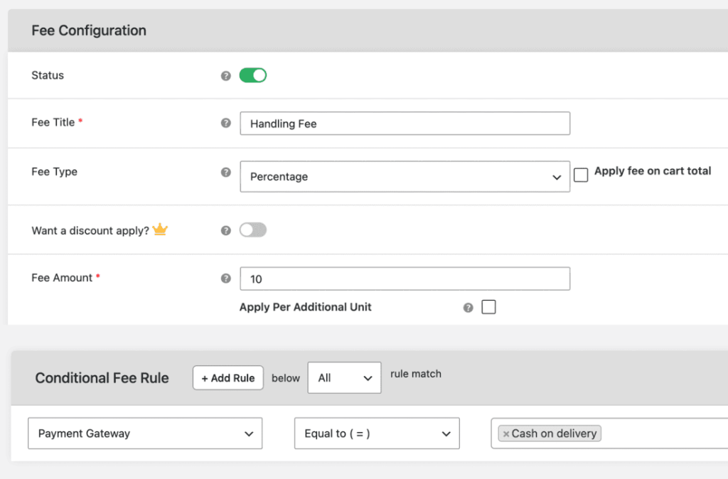 Setting up a conditional extra fee rule by payment method in the Manage Extra Fees plugin