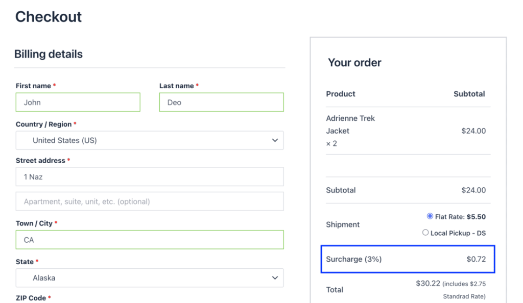 WooCommerce cart with an extra handling fee line added by code
