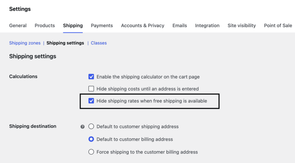 WooCommerce native setting to hide shipping rates when free shipping is available