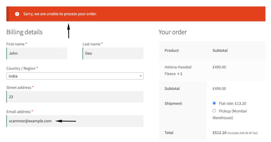WooCommerce checkout error blocking a fraud email address
