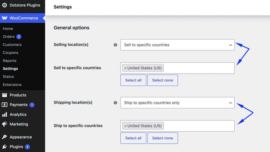 WooCommerce selling and shipping location dropdowns