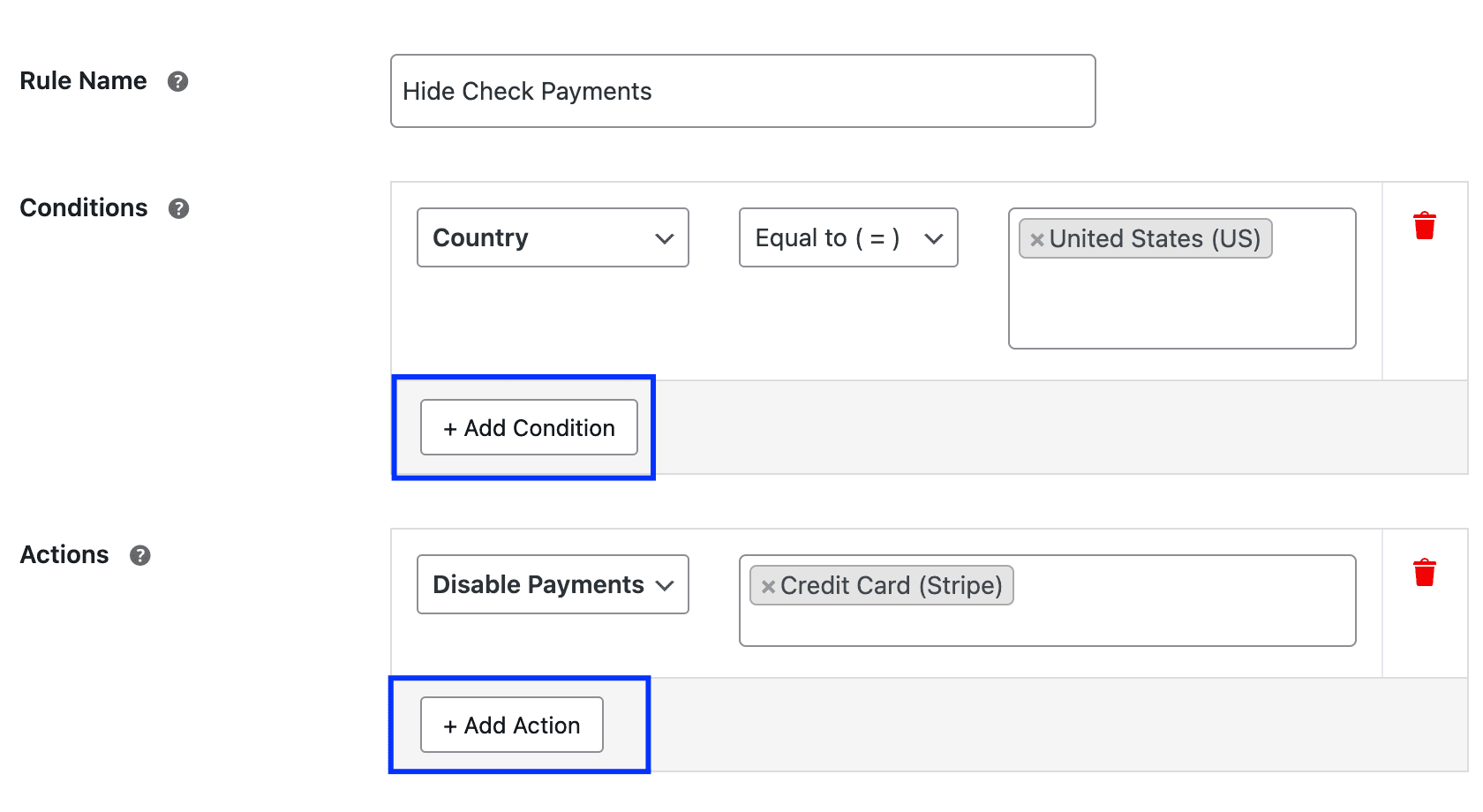 Set conditional Payments and Condition Actions