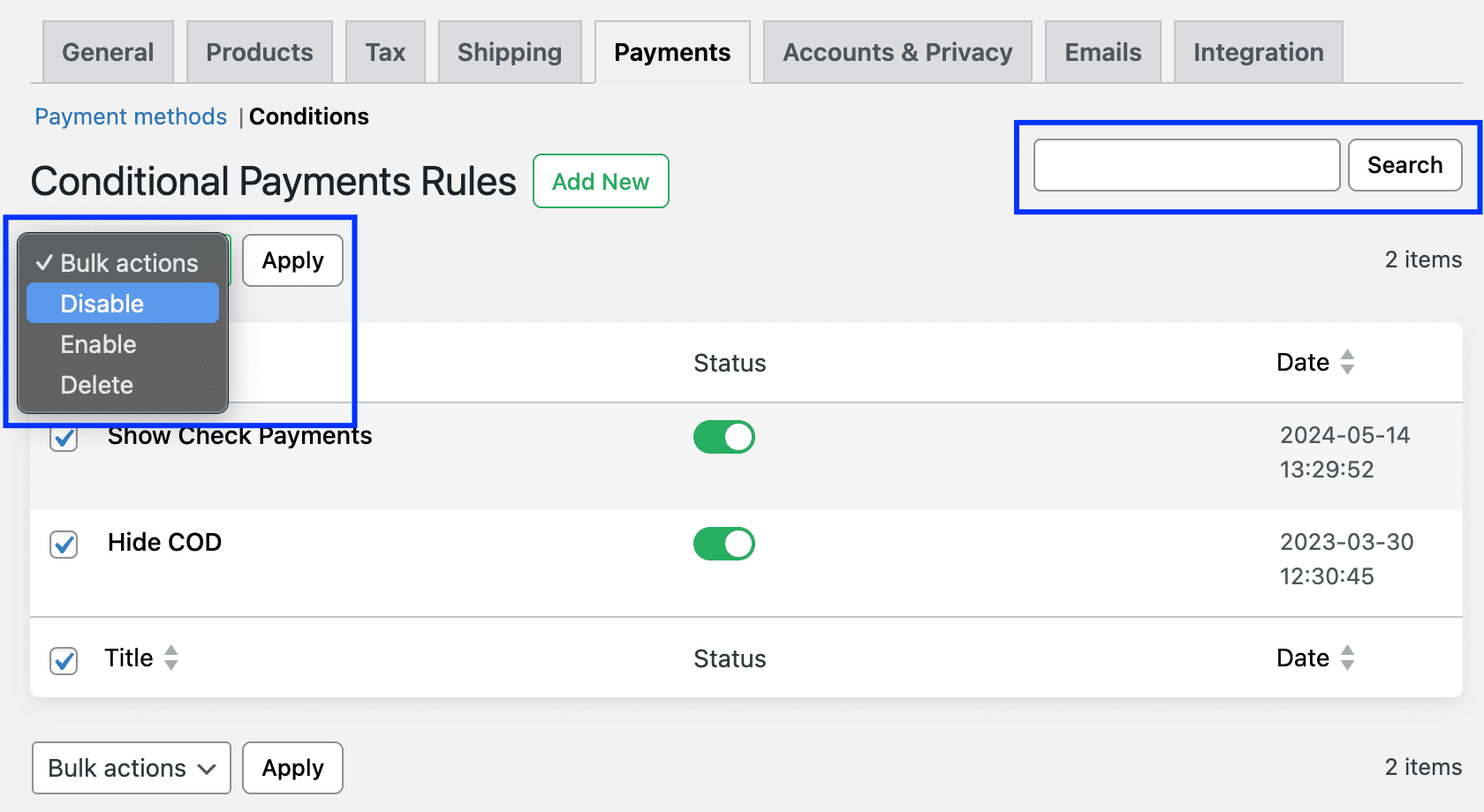 Search rules and apply bulk actions.