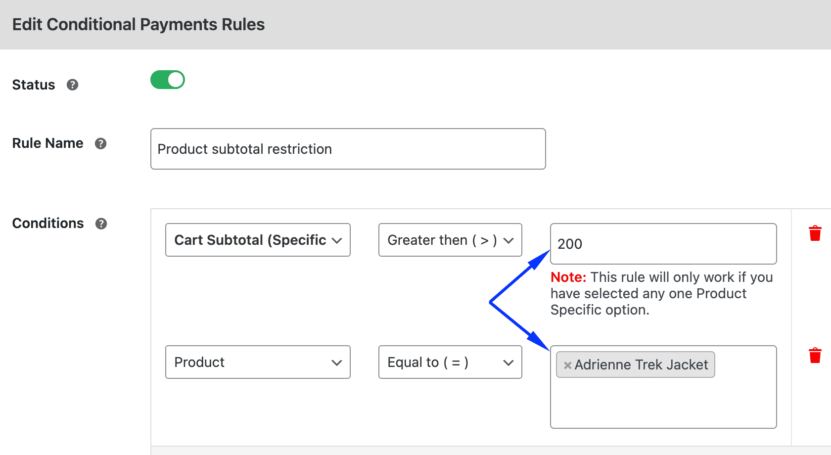 Set rules based on the product subtotal.