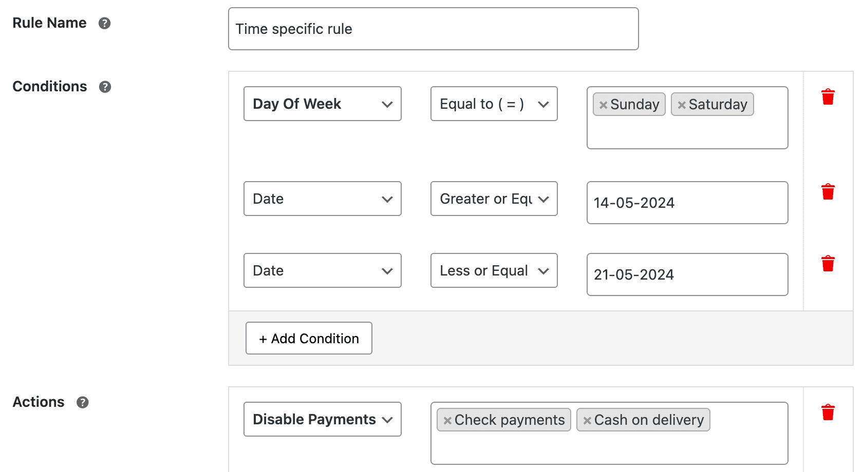 Set time-based rules like date or day.