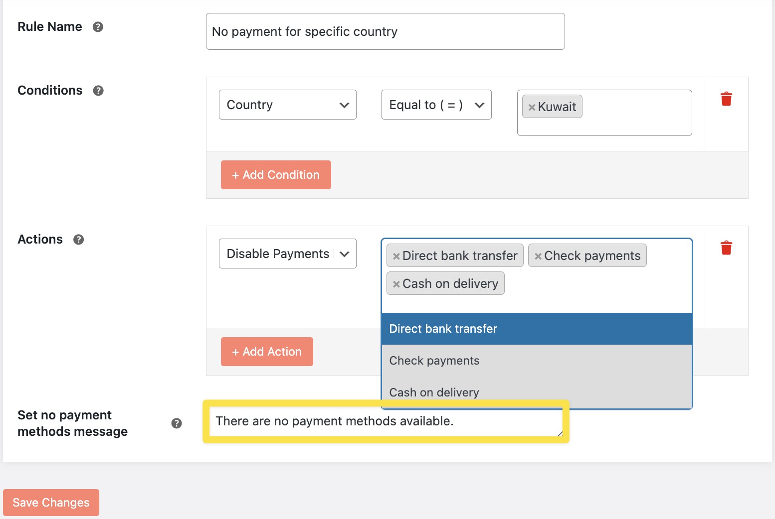 no payment for specific country