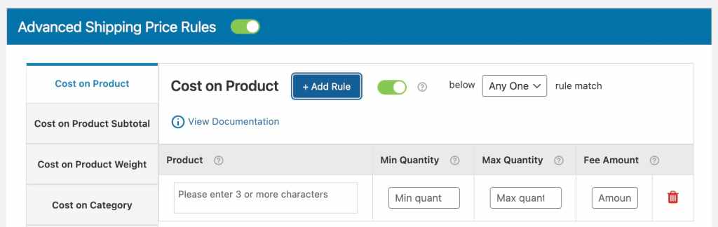 advanced flat rate shipping cost on product settings