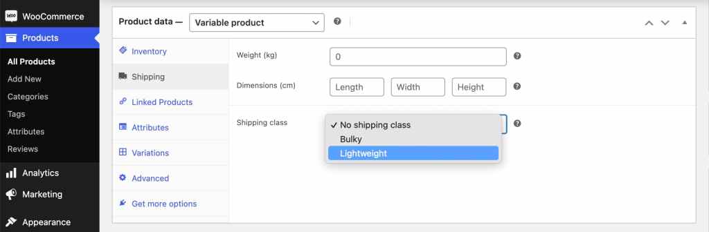 woocommerce add shipping class to product