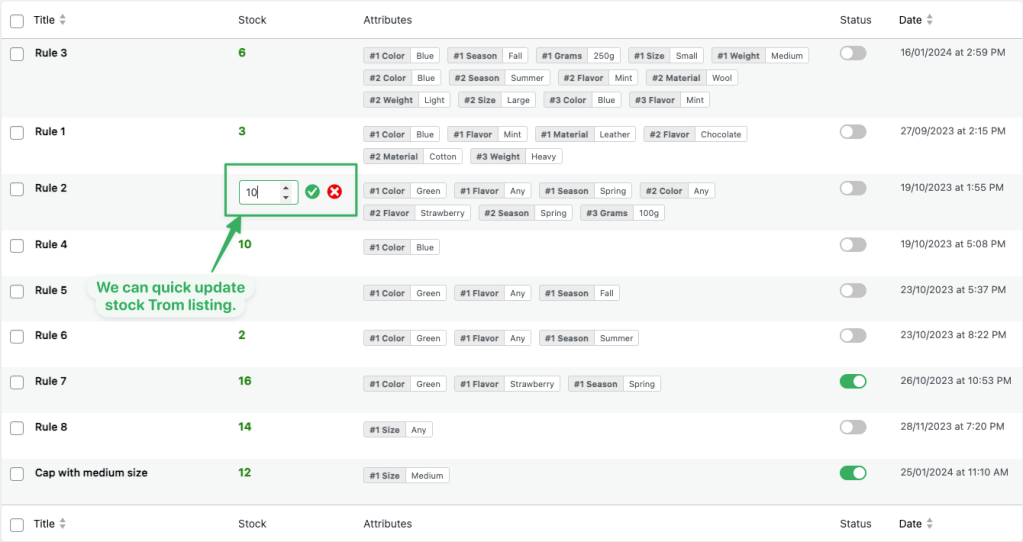 Quick Stock Update in Attribute Stock List