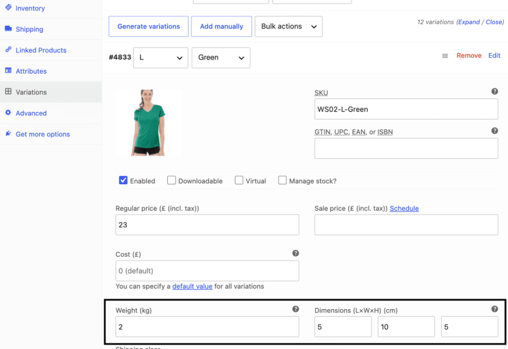 WooCommerce variation-level weight and dimension fields