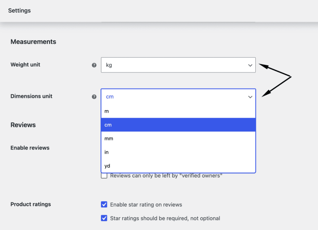 WooCommerce weight unit and dimensions unit dropdowns
