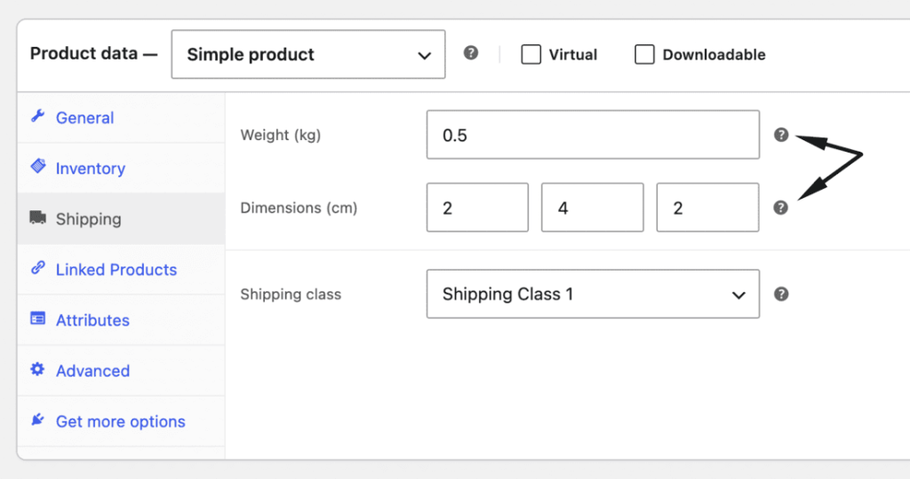 WooCommerce product Shipping tab showing weight and dimension fields