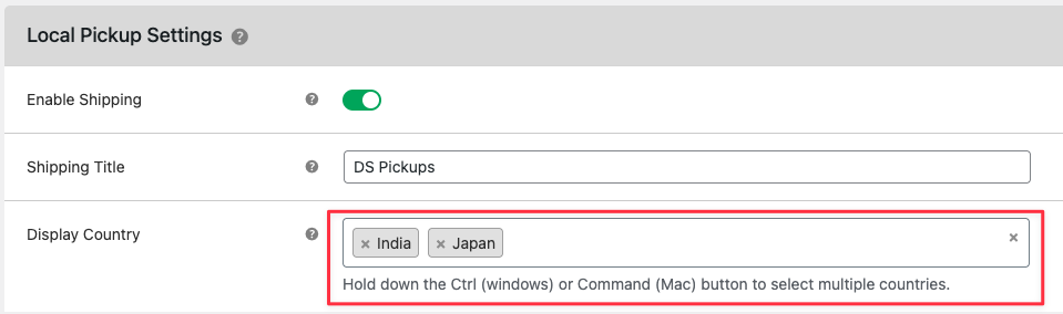 Country based local pickup visibility
