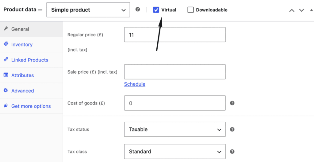 WooCommerce Virtual checkbox in the Product data panel
