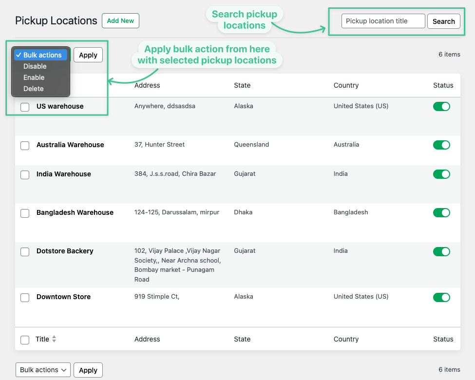 Bulk actions on WooCommerce pickup locations