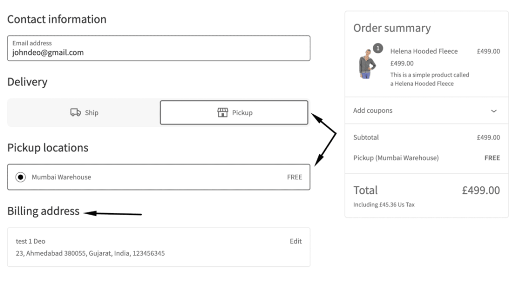 WooCommerce block checkout showing no shipping address when local pickup is selected