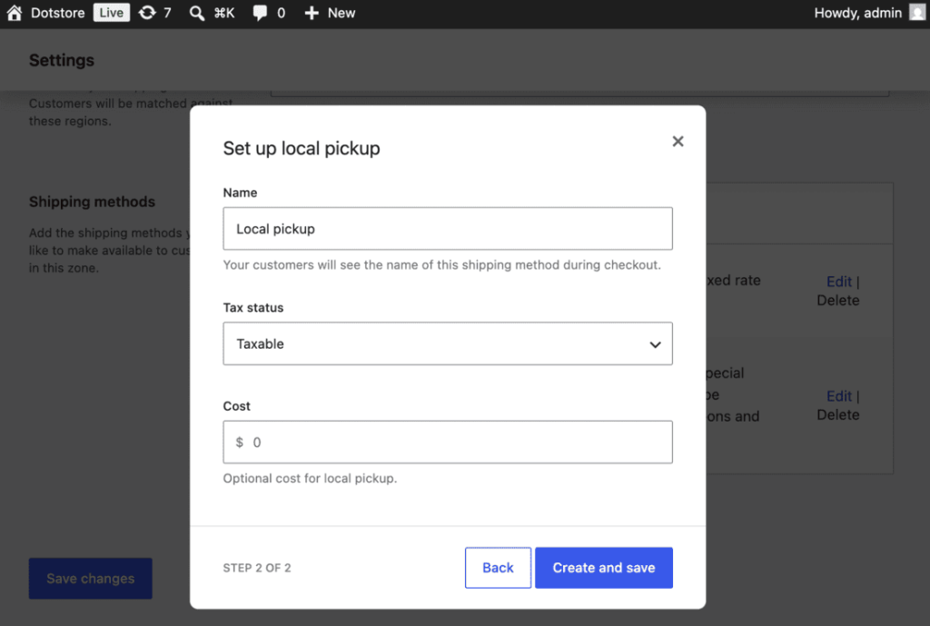 Native WooCommerce Local Pickup method added to a shipping zone
