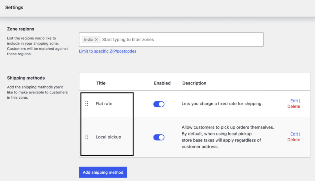 WooCommerce zone showing a delivery method and Local Pickup together