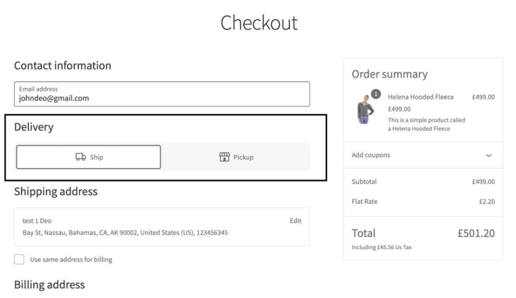 WooCommerce block checkout with Shipping and Pickup toggle
