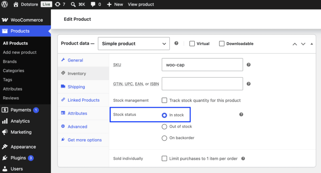 WooCommerce product Inventory tab showing In stock status