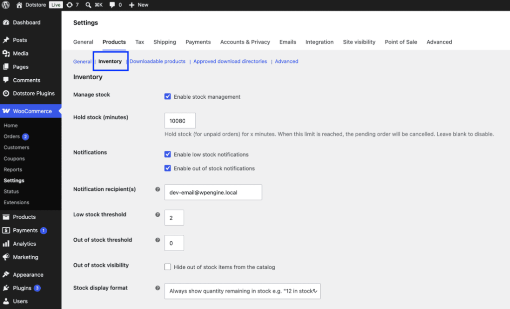 WooCommerce store wide Inventory settings page