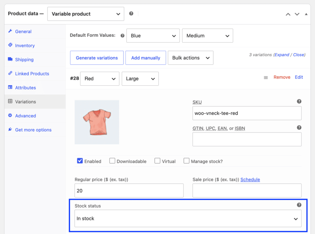 WooCommerce variation Inventory settings with stock status