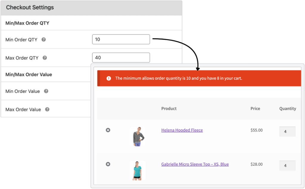 Order Item, Quantity, and Cart Value Settings