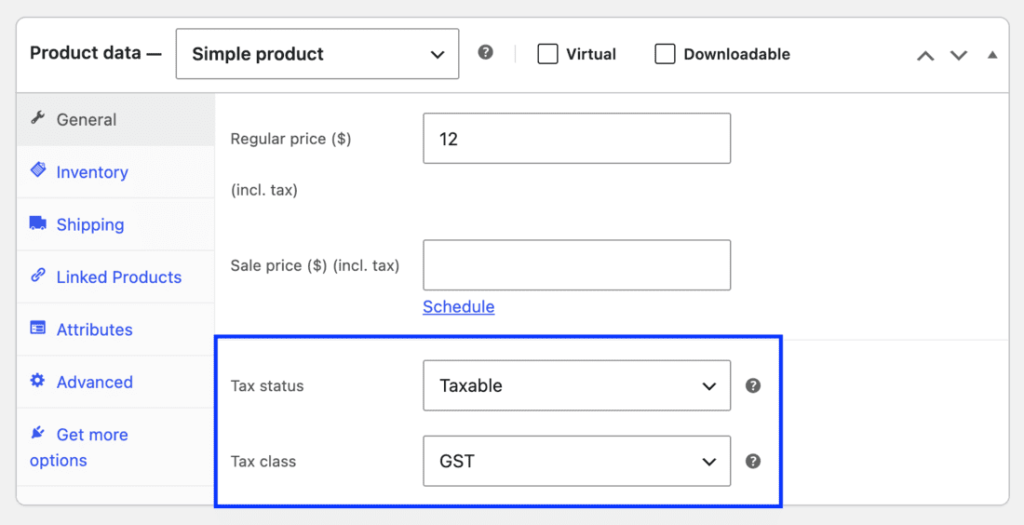 Tax class dropdown on a WooCommerce product