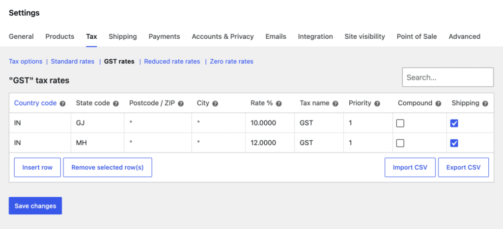 WooCommerce tax rate row for India GST