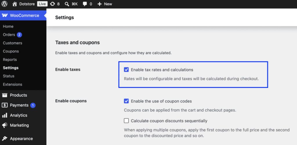 Enable taxes option in WooCommerce General settings