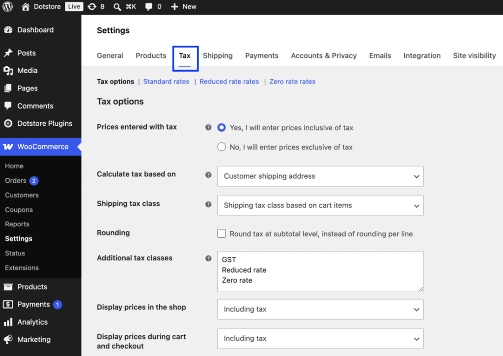 WooCommerce tax options with additional tax classes field