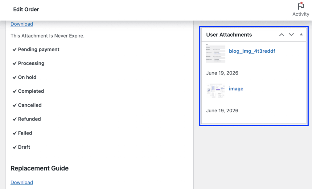 Uploaded file link shown in WooCommerce admin order details