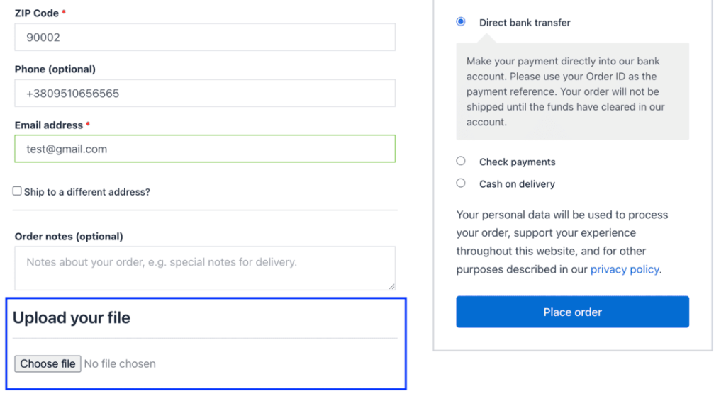 File upload field on WooCommerce checkout below order notes