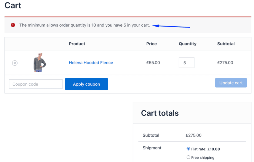 WooCommerce cart error message from a quantity limit validation hook