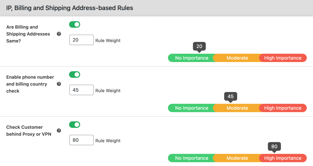 Custom blocking rule weights settings in Fraud prevention plugin by Dotstore. Three rules are shown: matching billing/shipping addresses, phone number and country check, and checking customer proxy/VPN. Each rule has a toggle, weight slider, and importance rating from No Importance to High Importance.