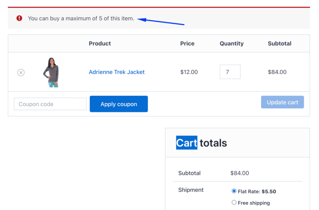 WooCommerce cart error when maximum quantity per product is exceeded