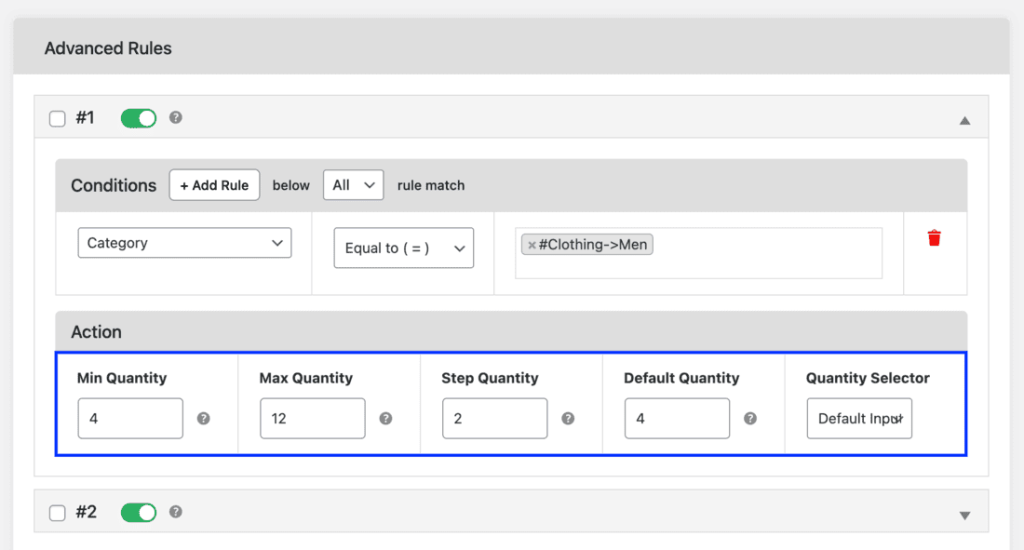 Min/Max Quantity plugin rule setup capping quantity per category with a schedule