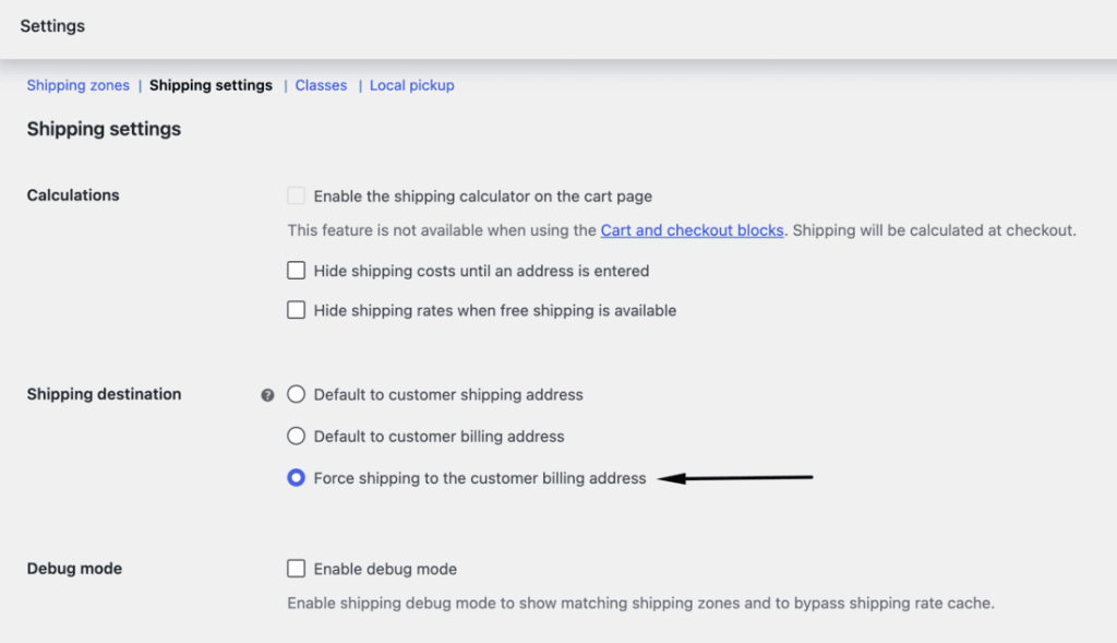 WooCommerce shipping destination set to force billing address