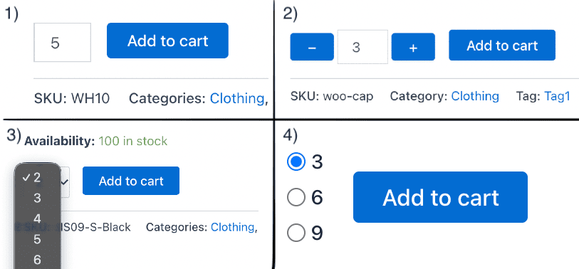 Number input, plus/minus buttons, dropdown, and radio button quantity selectors shown side by side in WooCommerce