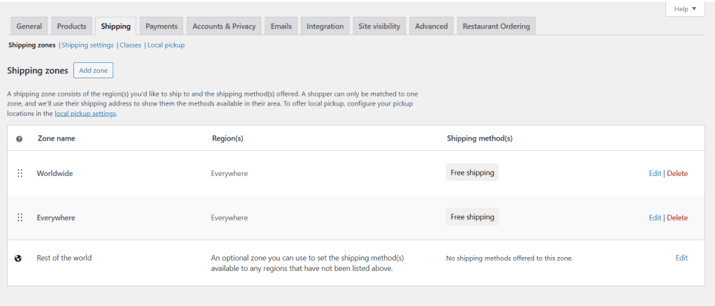 WooCommerce shipping - shipping zones