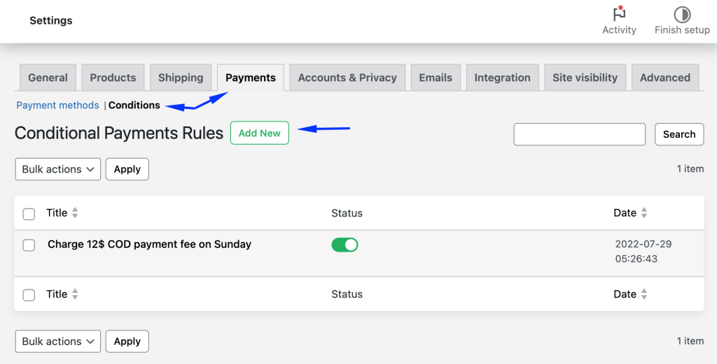 WooCommerce Conditional Payment plugin settings