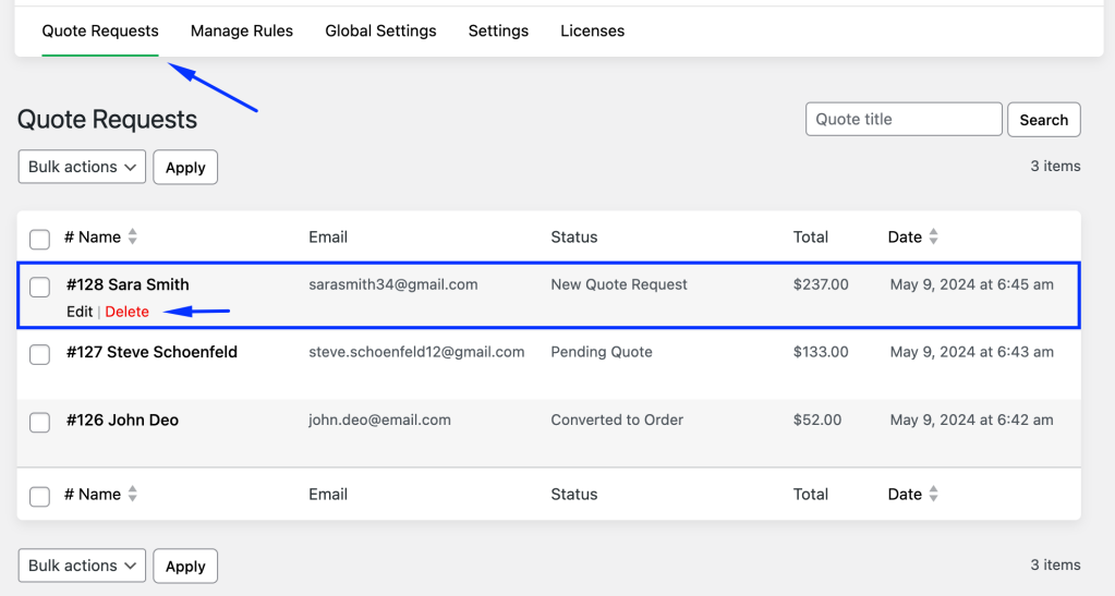 Admin - View all the quote requests in WooCommerce request a quote plugin by Dotstore
