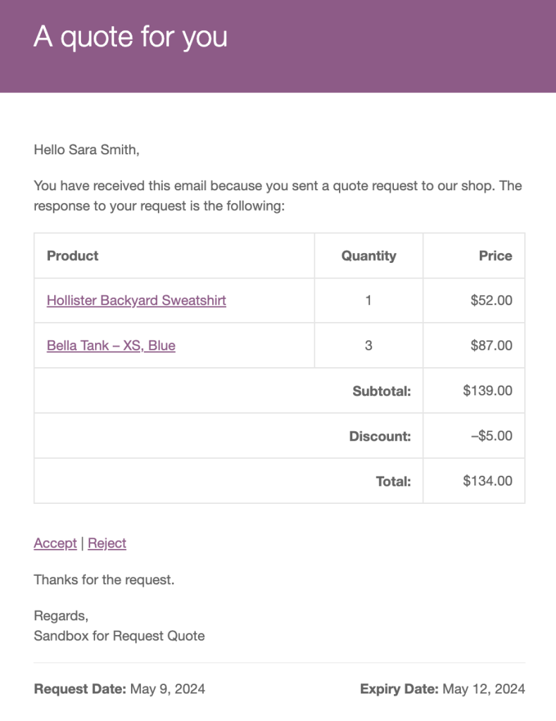 Email example sent to customers from Dotstore's WooCommerce request a quote plugin
