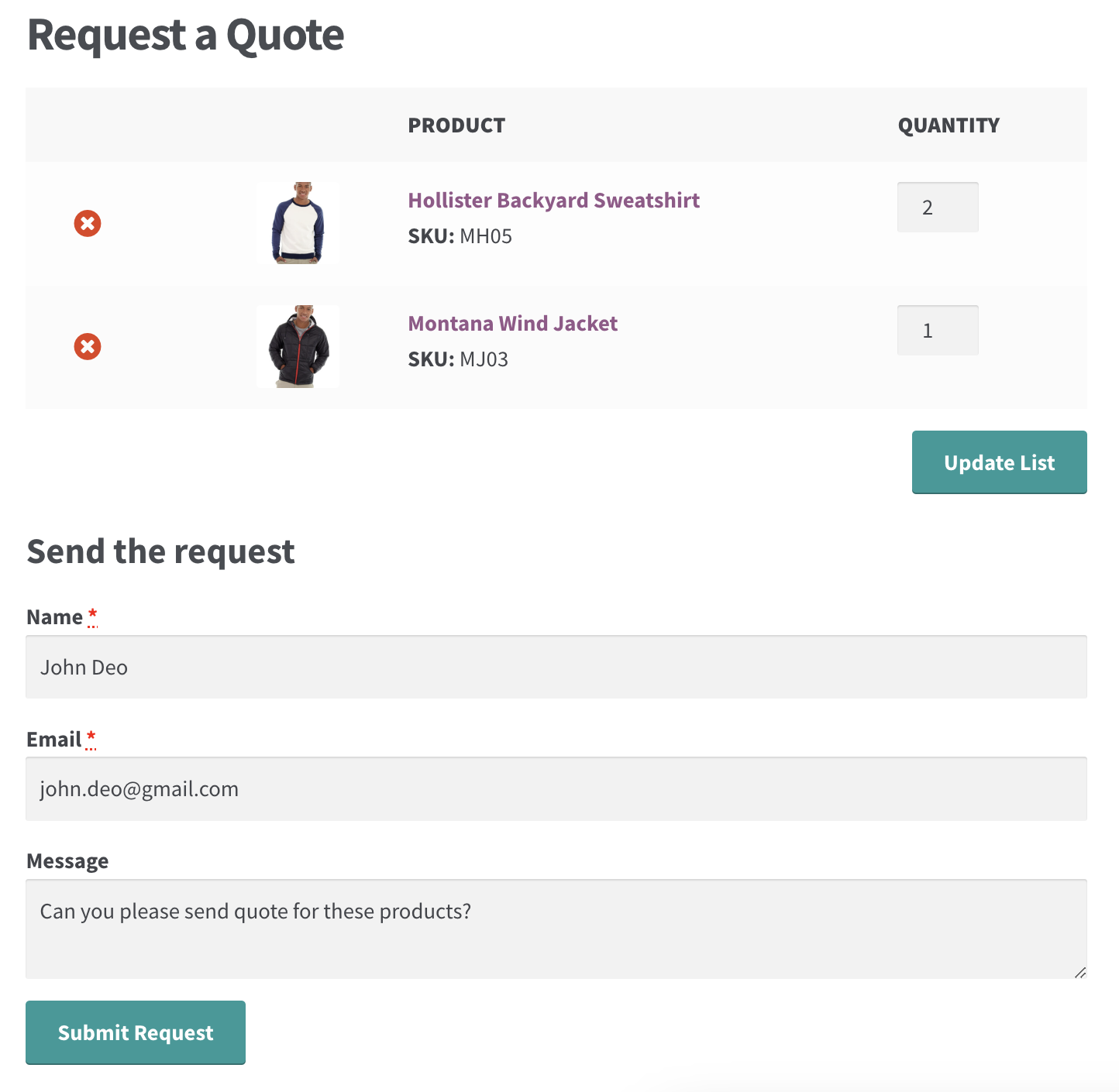 Request quote page layout in WooCommerce