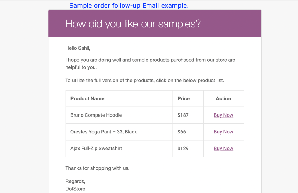 Sample follow-up email default format in WooCommerce product samples