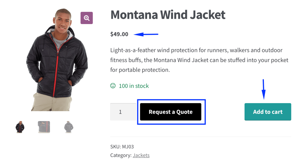 Single product example with add to cart, product price, and quote button for Dotstore's WooCommerce request a quote plugin