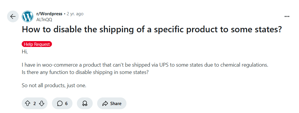 How to disable the shipping of a specific product to some states r Wordpress